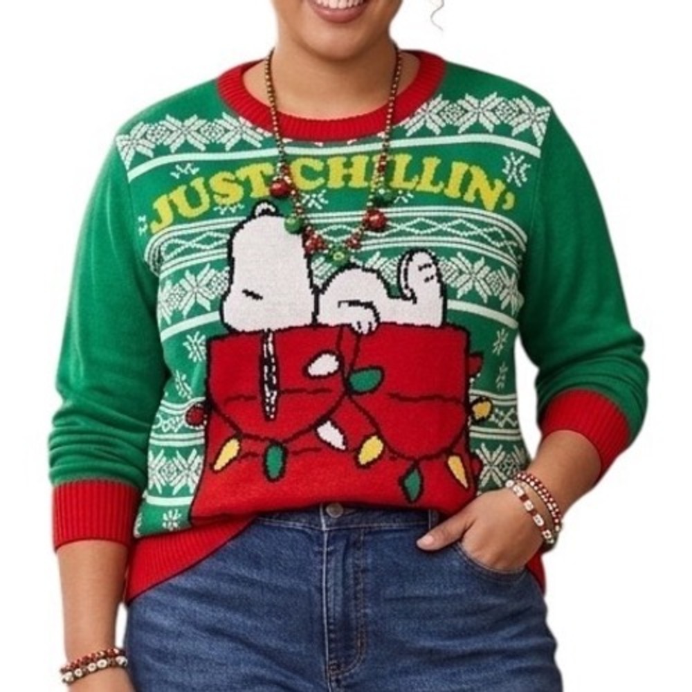 Peanuts Snoopy Christmas Sweater Green Red Just Chillin Fair Isle Holiday 12/14
